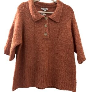 POLAGRAM sweater, terracotta, size Large, soft fuzzy knit. Collared and buttons.